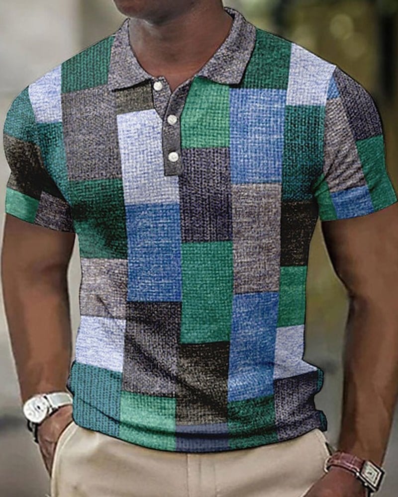 Hype Gray-Blue-Green / S George | Short-sleeved polo shirt with check print