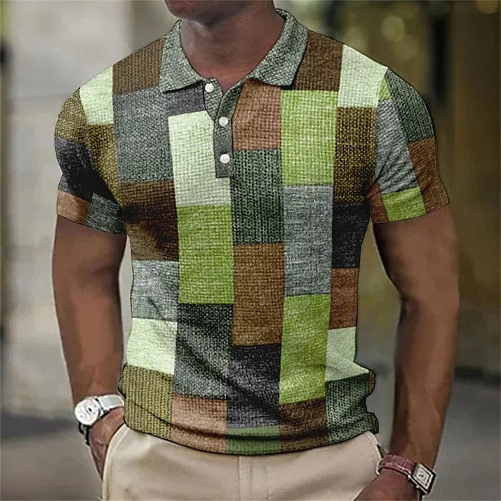 Hype Green-Brown-Gray / S George | Short-sleeved polo shirt with check print