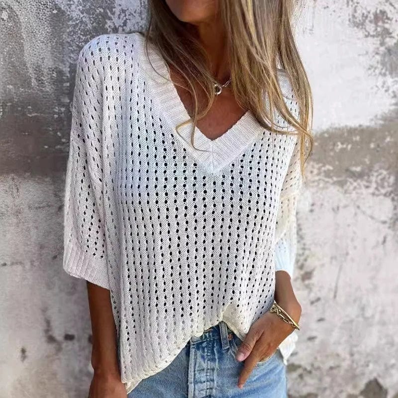 STAR Beige White / S Charlotte | V-neck Hollow Knitted Top