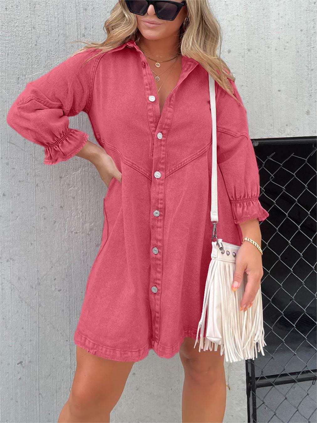 STAR Dark Pink / S Luna™ | Washed denim dress with puff sleeves