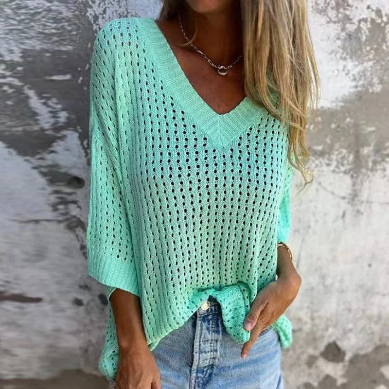 STAR Green / S Charlotte | V-neck Hollow Knitted Top