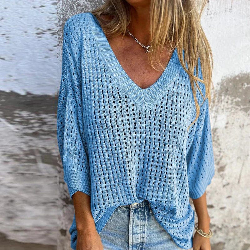 STAR Light Blue / S Charlotte | V-neck Hollow Knitted Top