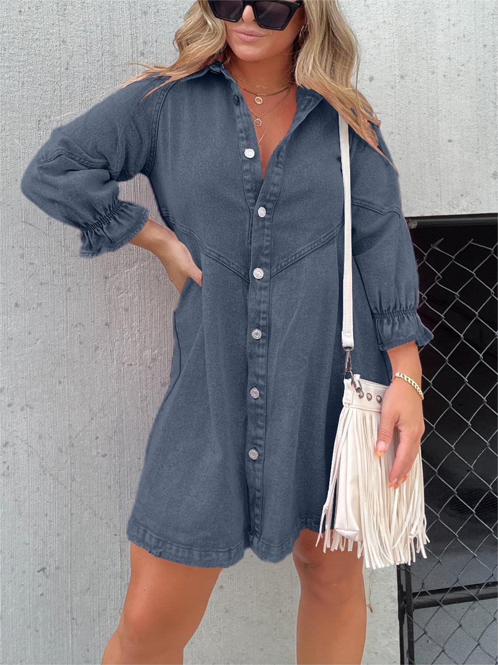 STAR Light Gray / S Luna™ | Washed denim dress with puff sleeves