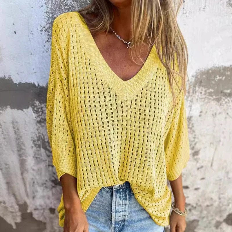 STAR Light Yellow / S Charlotte | V-neck Hollow Knitted Top