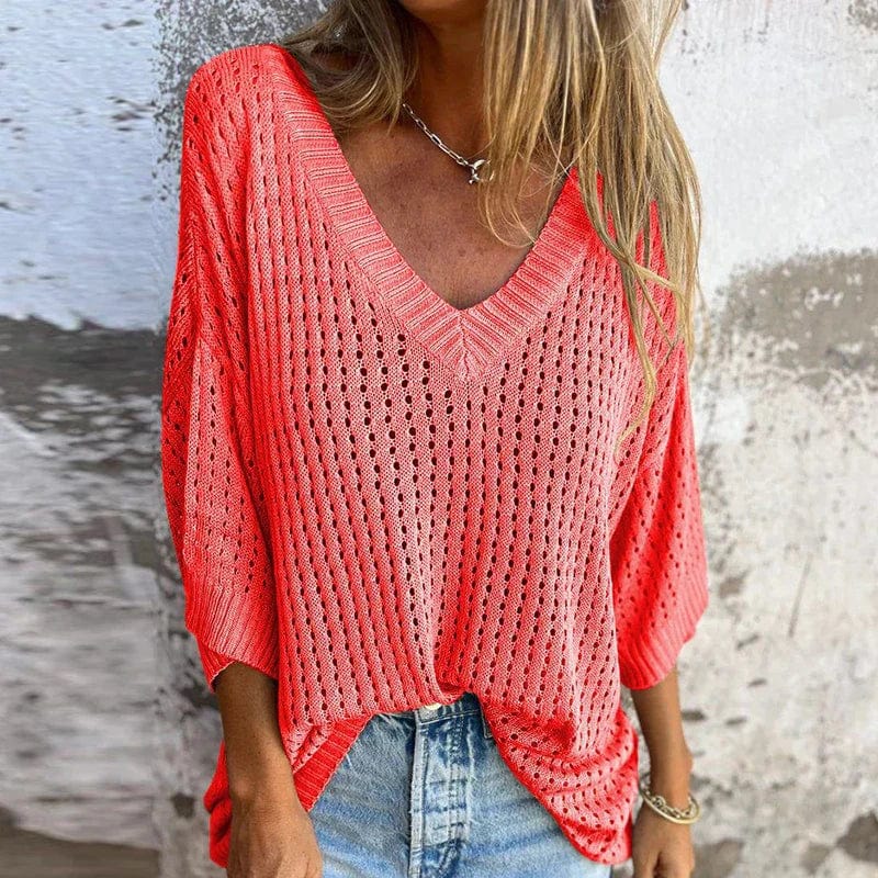 STAR Orange Red / S Charlotte | V-neck Hollow Knitted Top