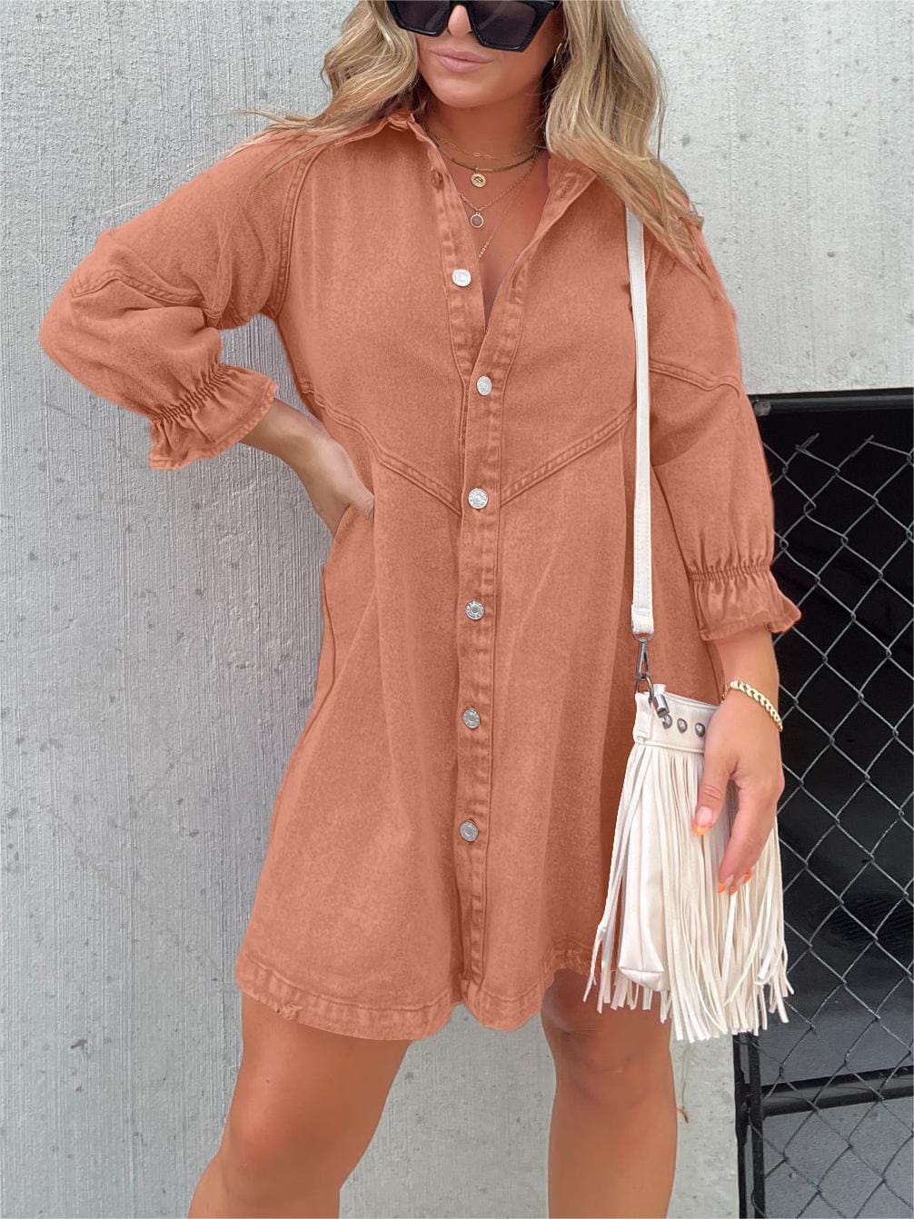 STAR Orange / S Luna™ | Washed denim dress with puff sleeves