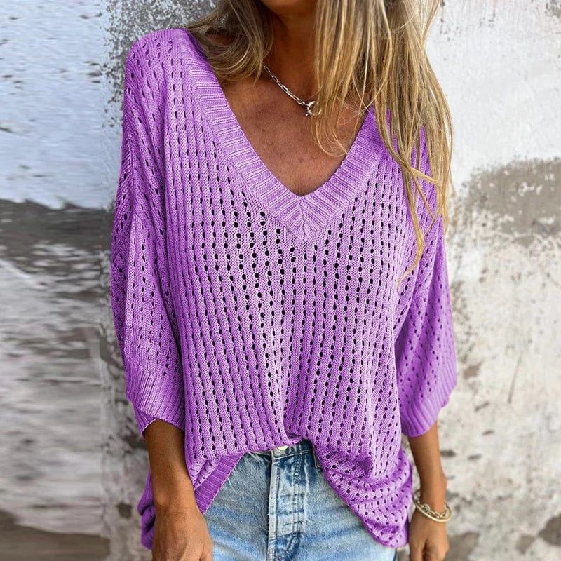 STAR Purple / S Charlotte | V-neck Hollow Knitted Top