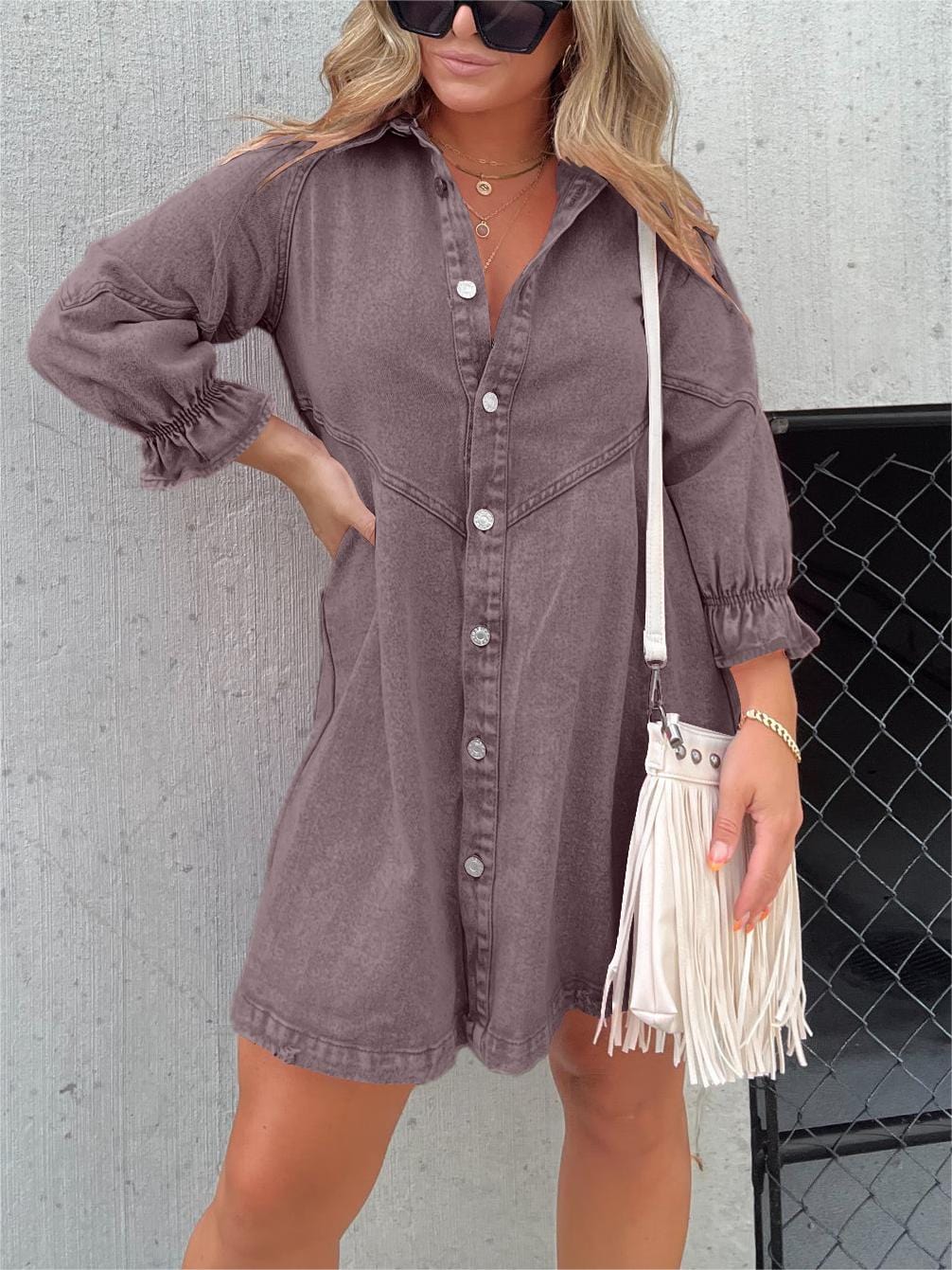 STAR Taupe/Pink / S Luna™ | Washed denim dress with puff sleeves